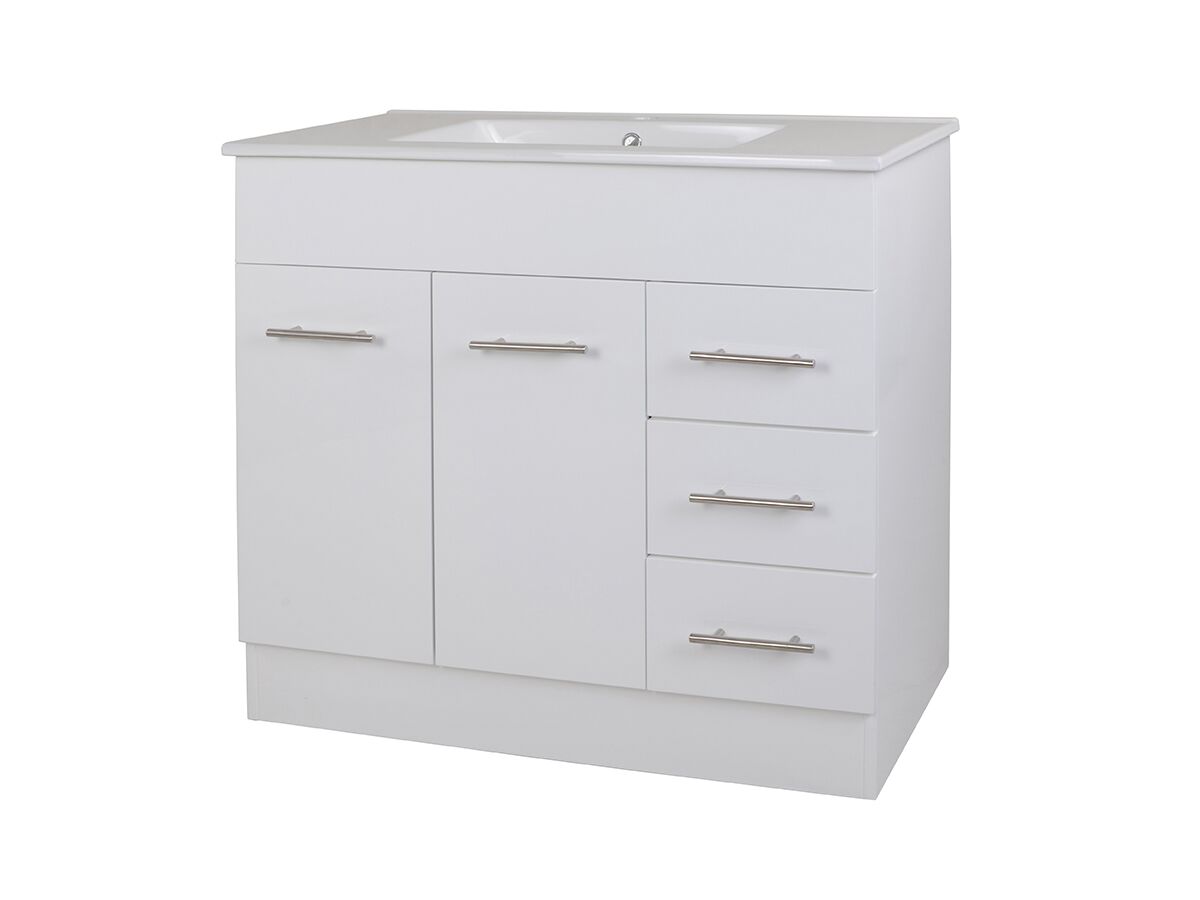 reece Posh Bristol MK2 900mm Vanity Unit with Kick Centre Bowl 2 Door and 3 Right Hand Drawers 1 Taphole White