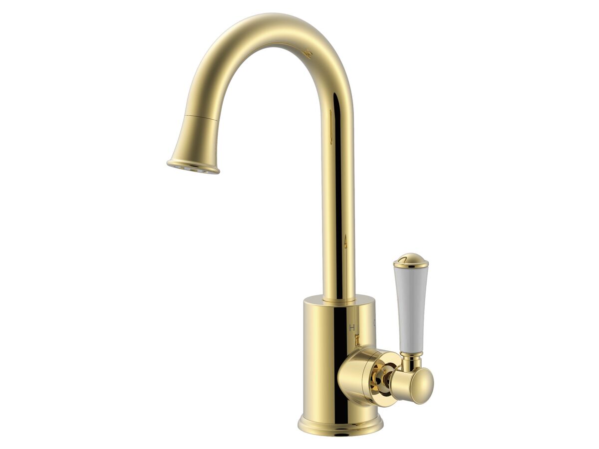 reece Posh Canterbury Gooseneck Basin Mixer Tap Porcelain Handle Polished Brass Gold (4 Star) Lead Free