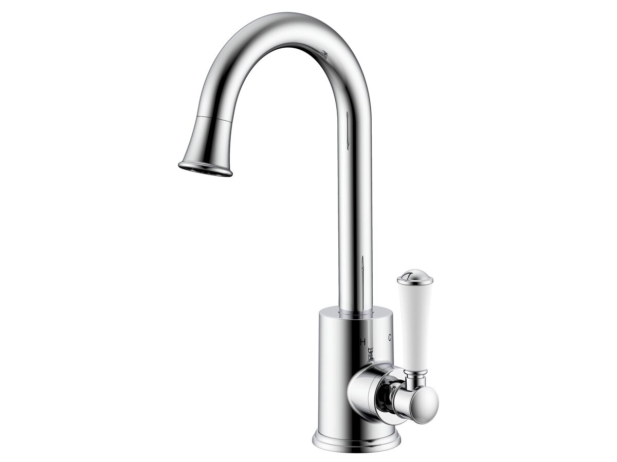 reece Posh Canterbury Gooseneck Basin Mixer Tap Porcelain Handle Chrome (4 Star)
