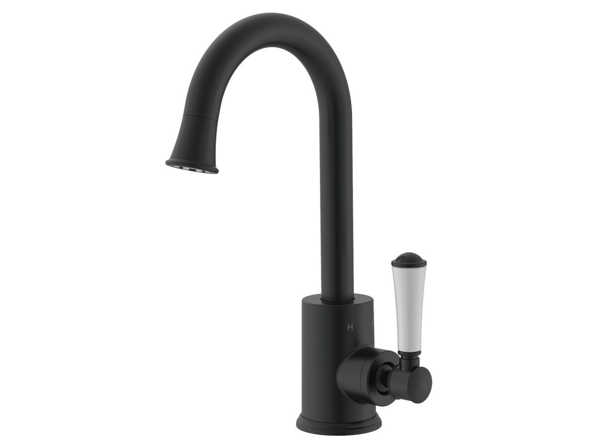reece Posh Canterbury Gooseneck Basin Mixer Tap Porcelain Handle Matte Black (4 Star)