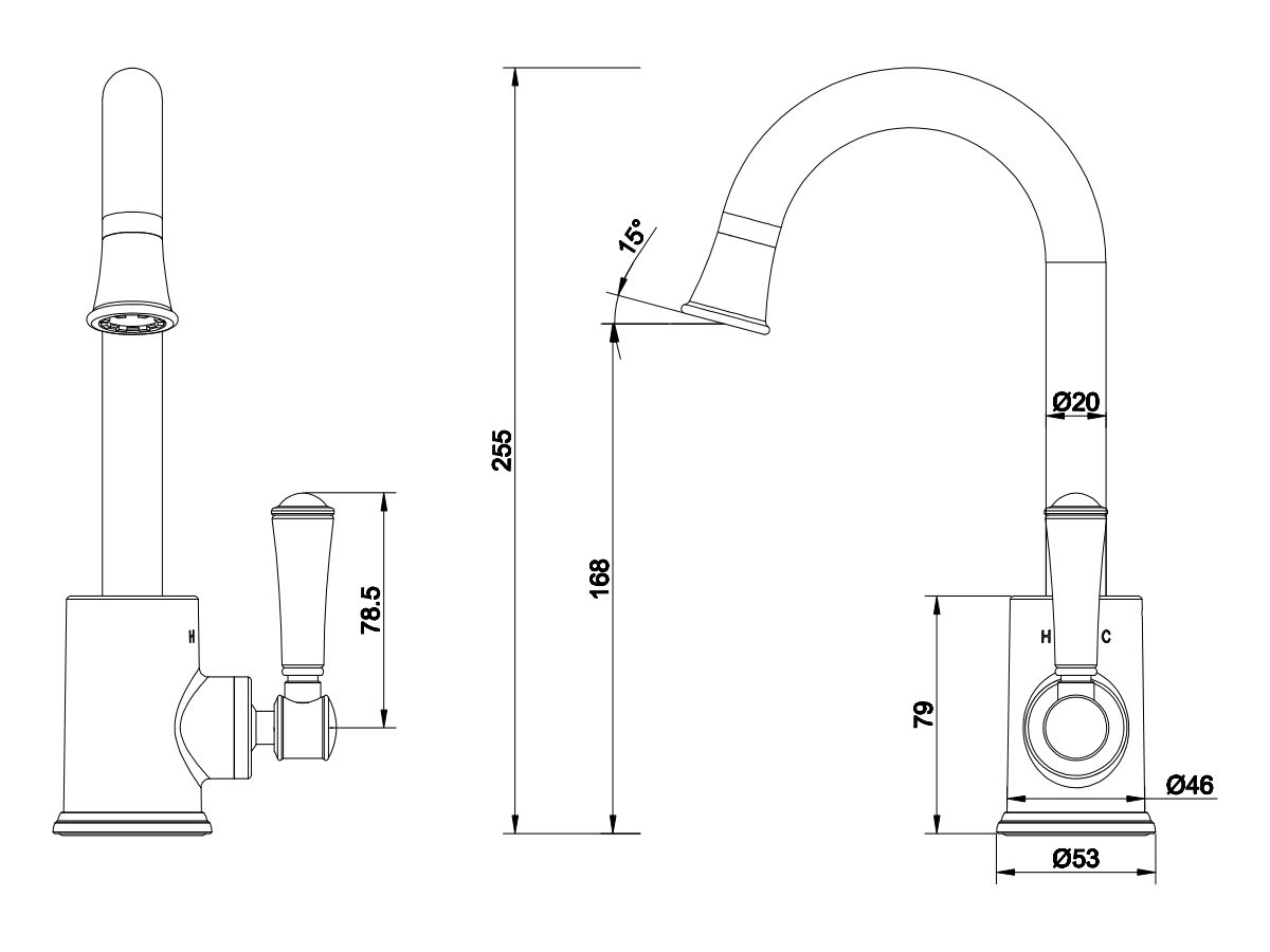 Reece Posh Canterbury Gooseneck Basin Mixer Tap Porcelain Handle Matte Black (4 Star) Lead Free