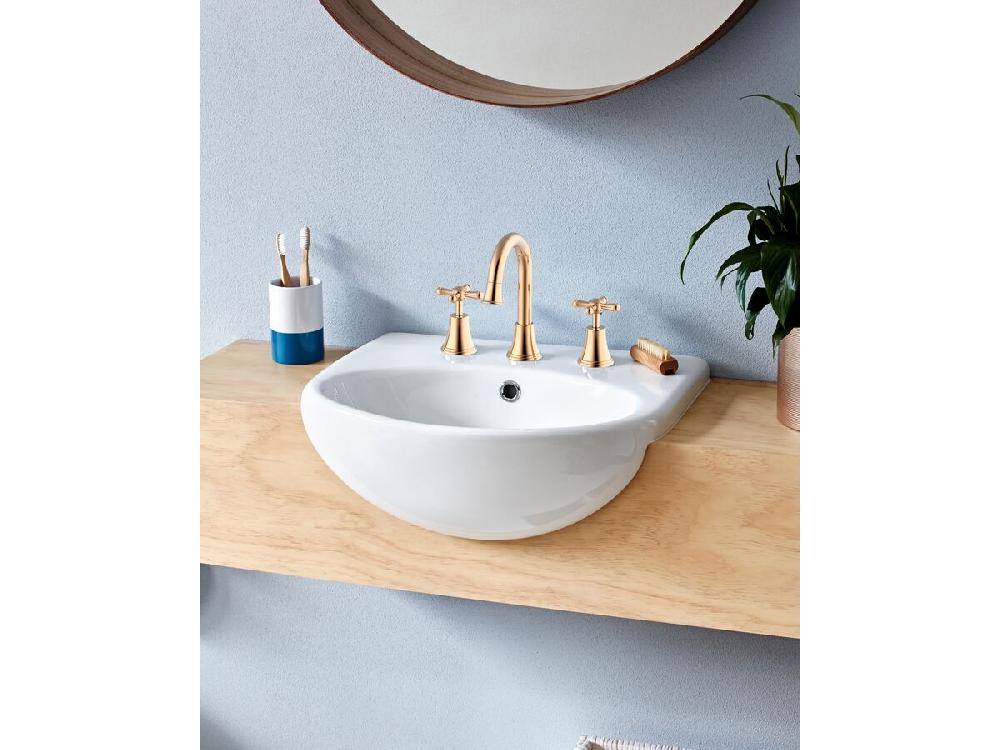 Reece Posh Canterbury Gooseneck Basin Set Swivel Outlet Cross Handles Polished Brass Gold (4 Star) Lead Free