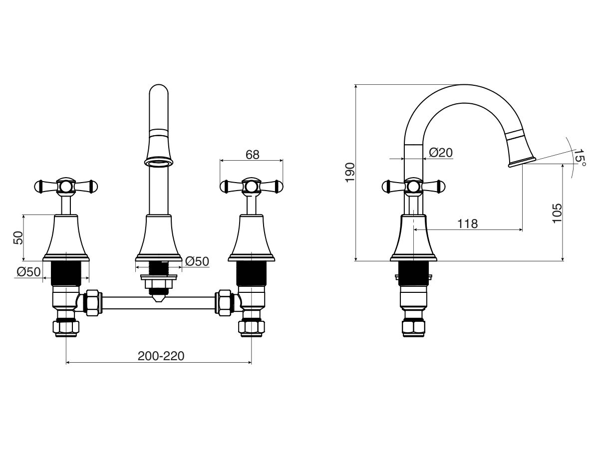 Reece Posh Canterbury Gooseneck Basin Set Swivel Outlet Cross Handles Polished Brass Gold (4 Star) Lead Free