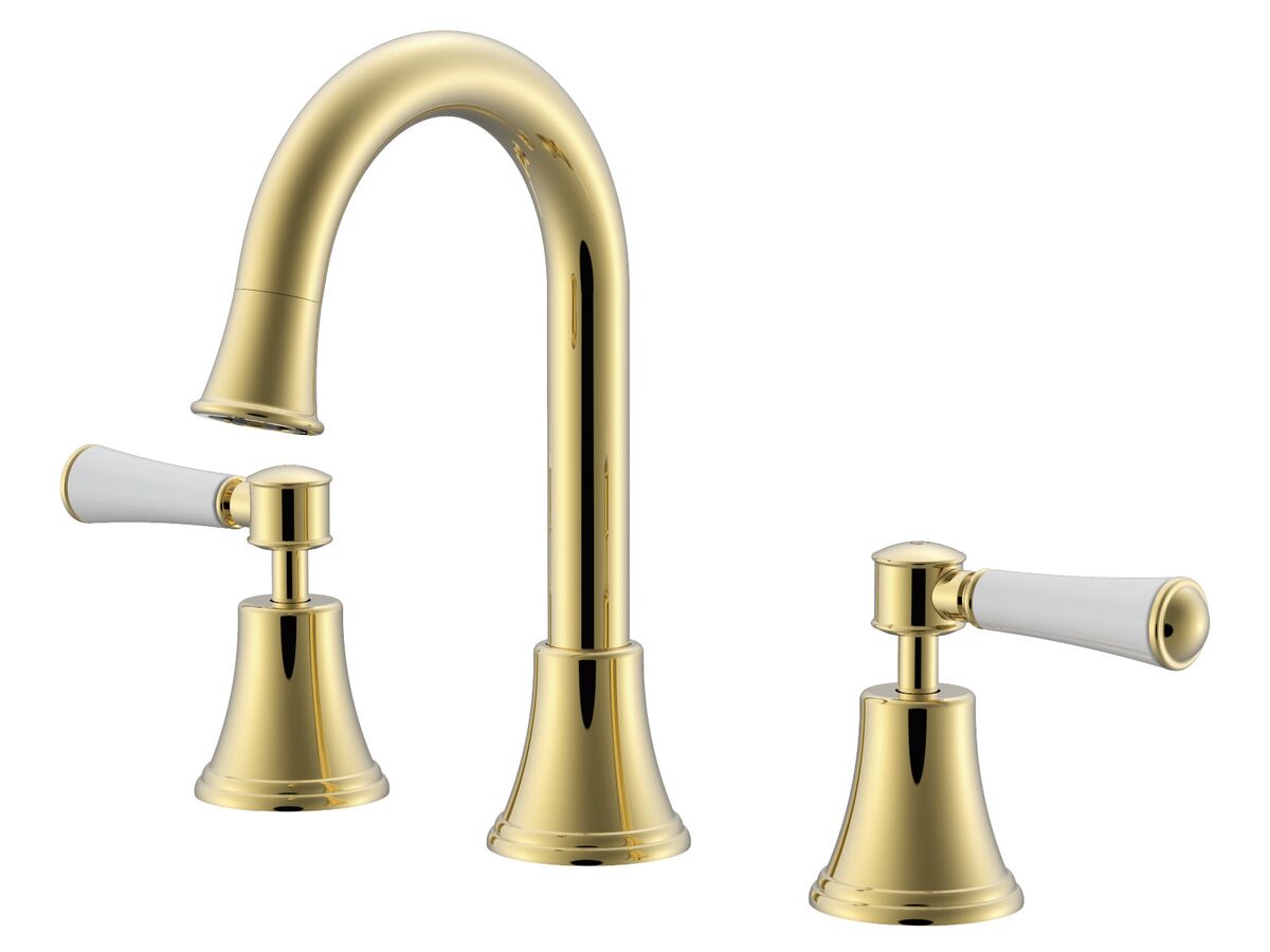 reece Posh Canterbury Gooseneck Basin Set Swivel Outlet Lever Porcelain Handles Polished Brass Gold (4 Star) Lead Free