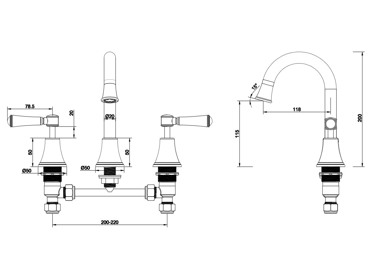 Reece Posh Canterbury Gooseneck Basin Set Swivel Outlet Lever Porcelain Handles Matte Black (4 Star) Lead Free