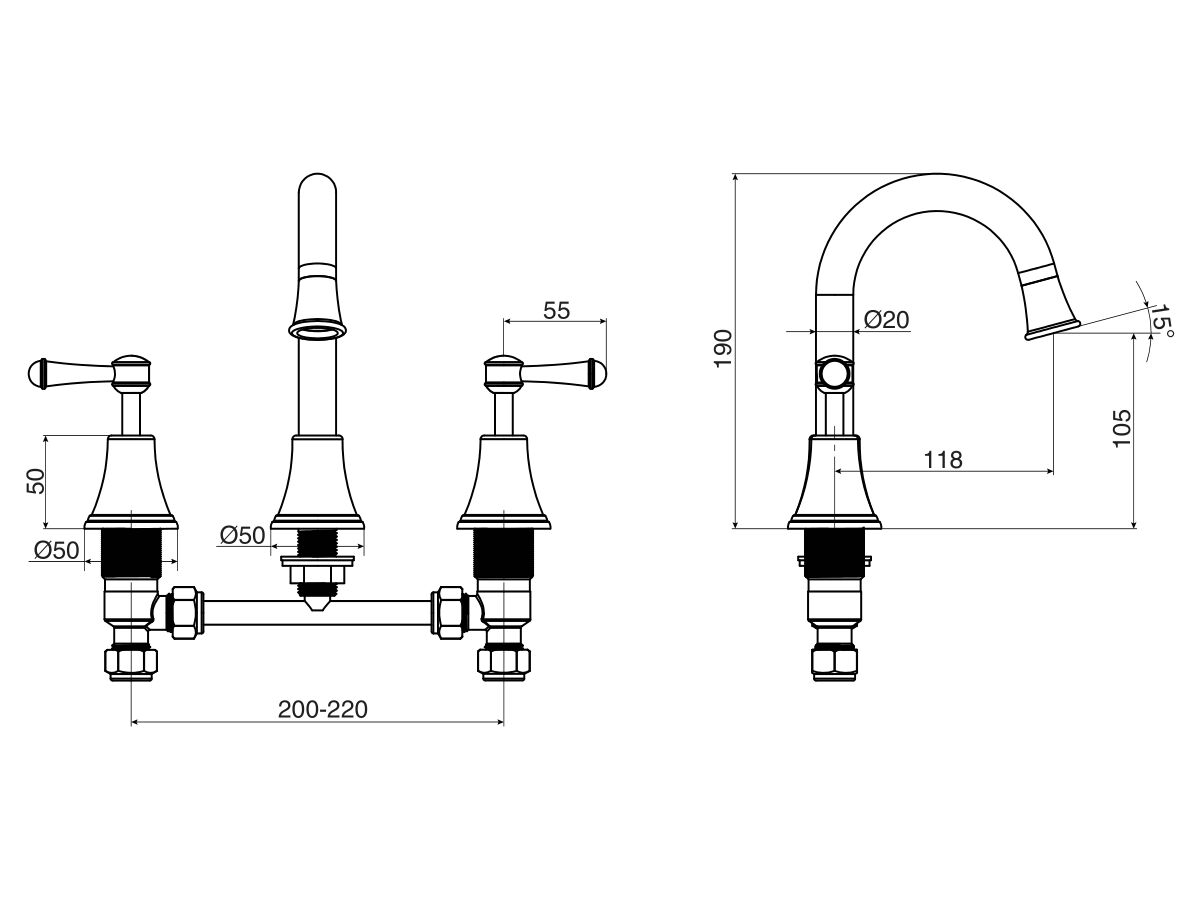 Reece Posh Canterbury Gooseneck Basin Set Swivel Outlet Lever Handles Polished Brass Gold (4 Star)