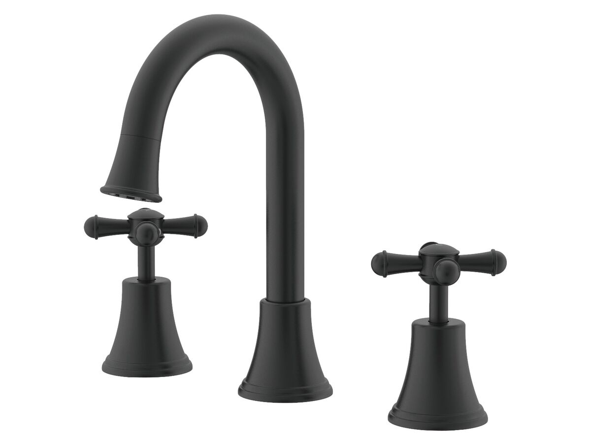reece Posh Canterbury Gooseneck Basin Set Swivel Outlet Cross Handles Matte Black (4 Star) Lead Free