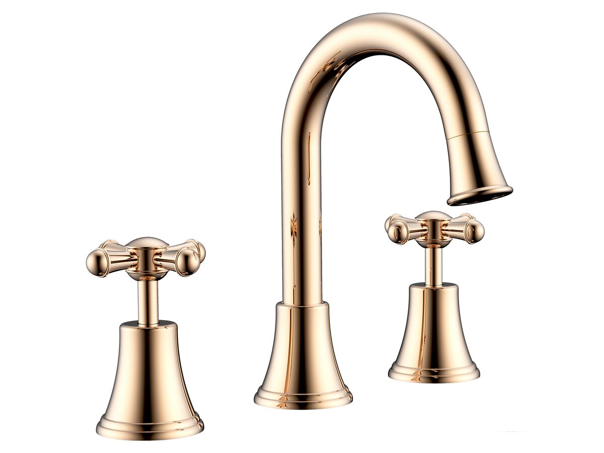 reece Posh Canterbury Gooseneck Basin Set Swivel Outlet Cross Handles Polished Brass Gold (4 Star) Lead Free