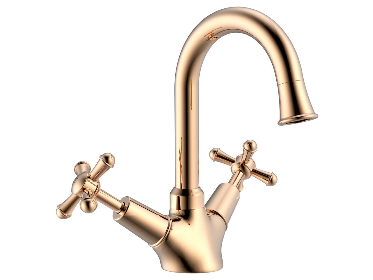 reece Posh Canterbury Gooseneck Basin Twinner Cross Handles Polished Brass Gold (4 Star)