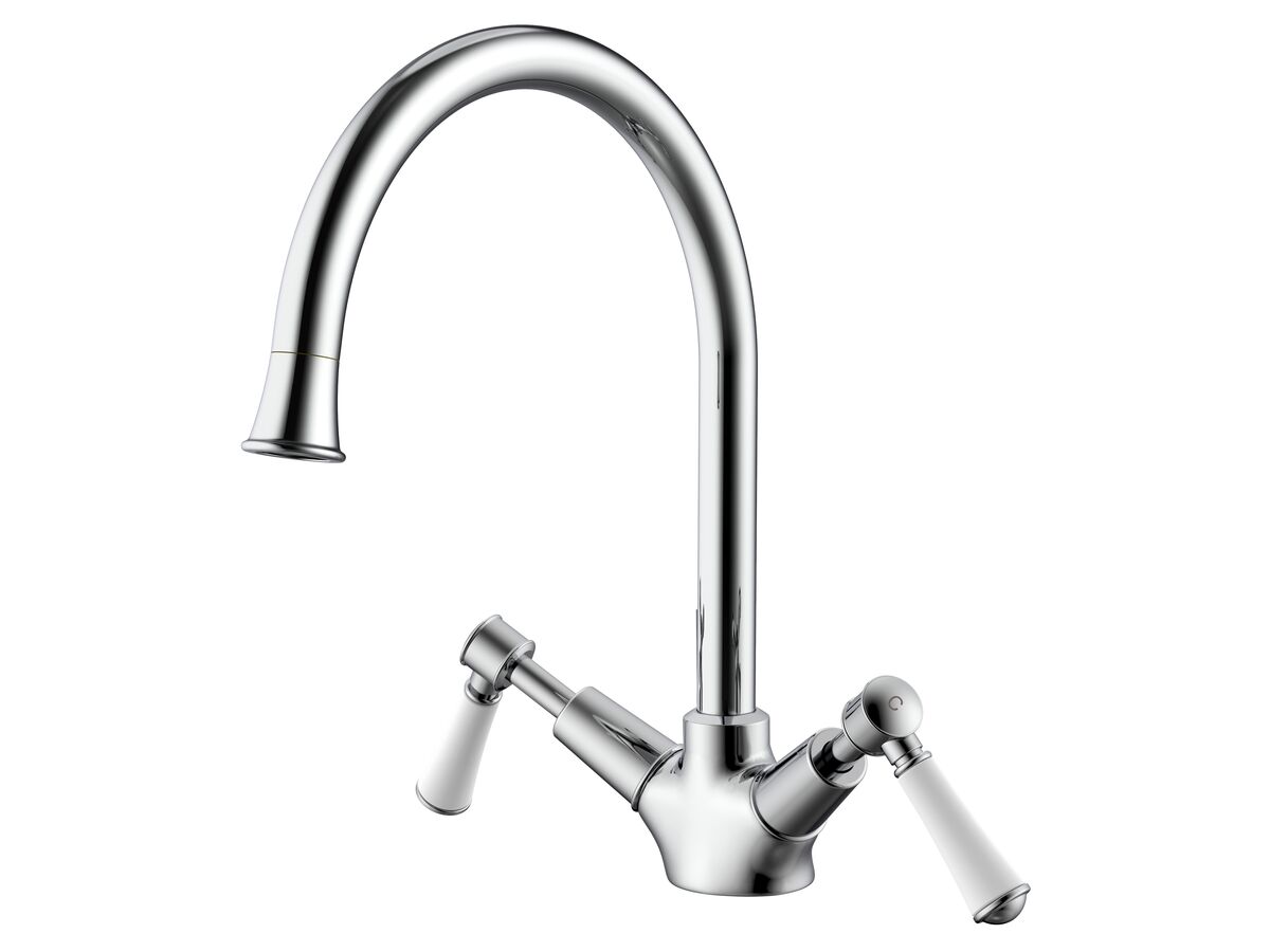 reece Posh Canterbury Gooseneck Basin Twinner Lever Porcelain Handles Chrome (4 Star)