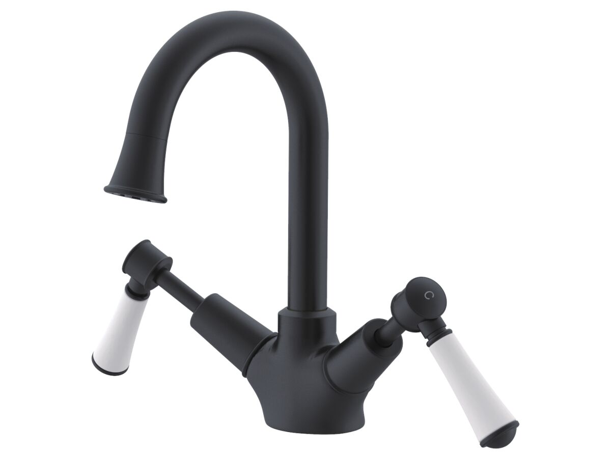 reece Posh Canterbury Gooseneck Basin Twinner Lever Porcelain Handles Matte Black (4 Star)