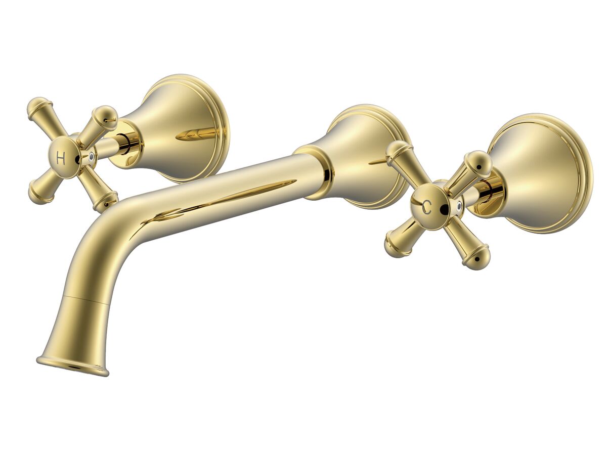 reece Posh Canterbury Wall Basin Set 220mm Cross Handles Polished Brass Gold (4 Star) Lead Free