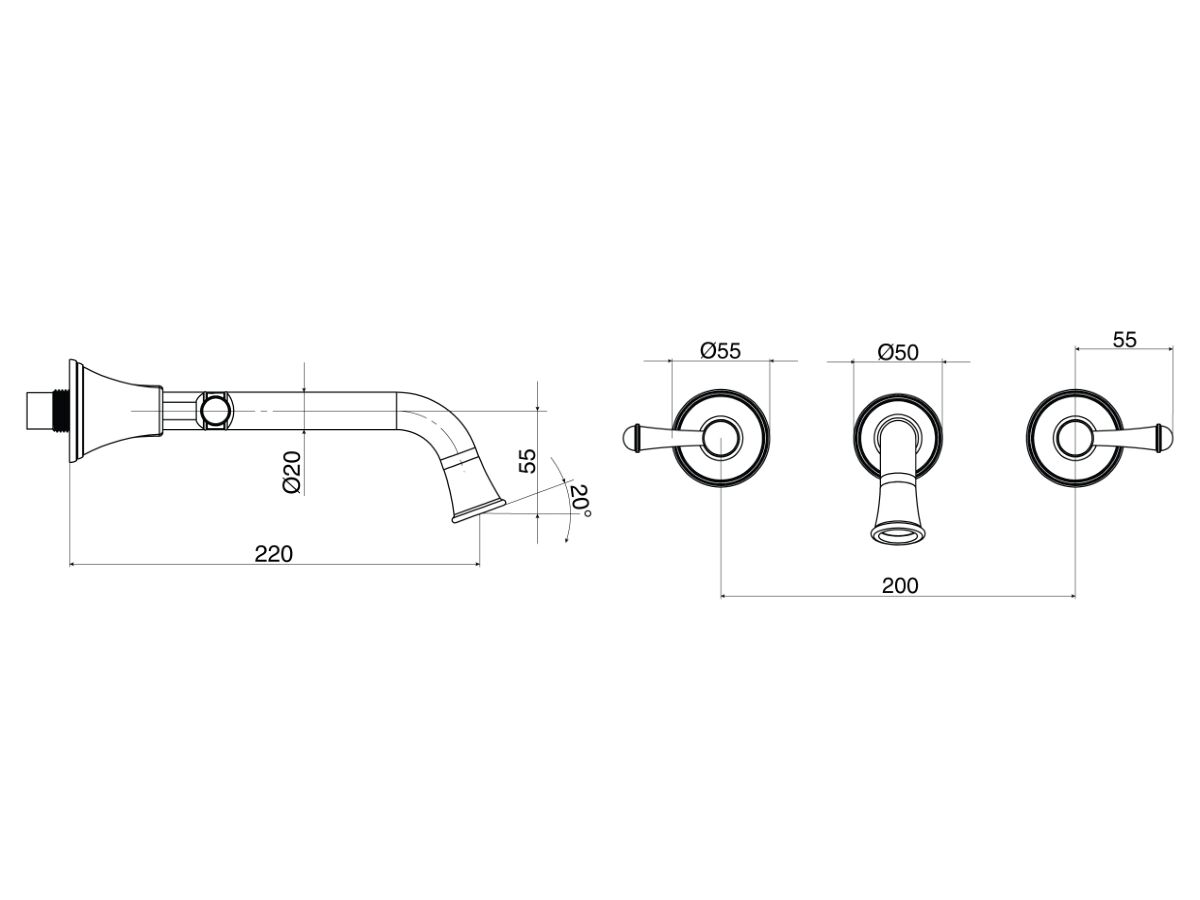 Reece Posh Canterbury Wall Basin Set 220mm Lever Handles Polished Brass Gold (4 Star) Lead Free