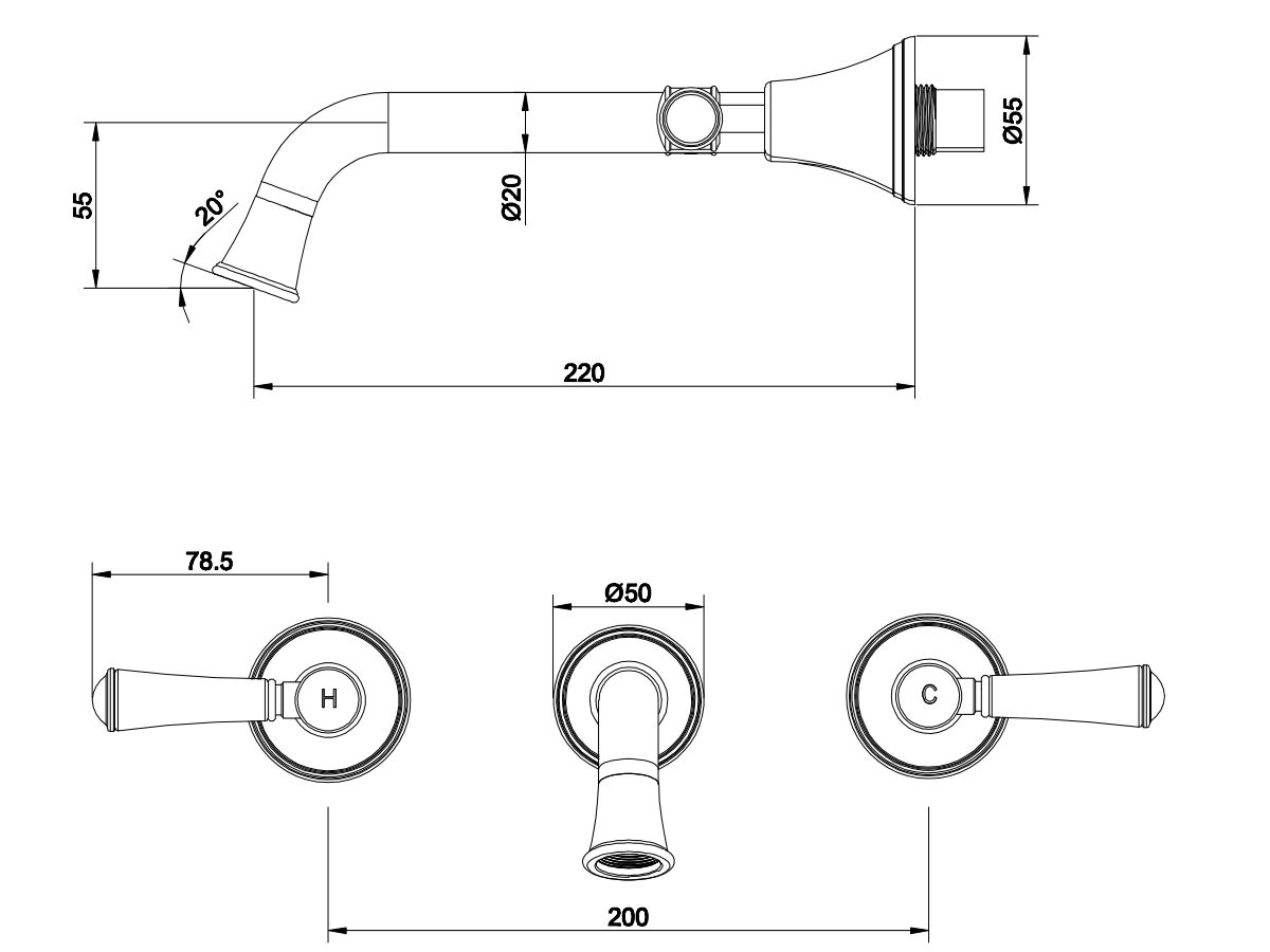 Reece Posh Canterbury Wall Basin Set 220mm Lever Porcelain Handles Chrome (4 Star) Lead Free