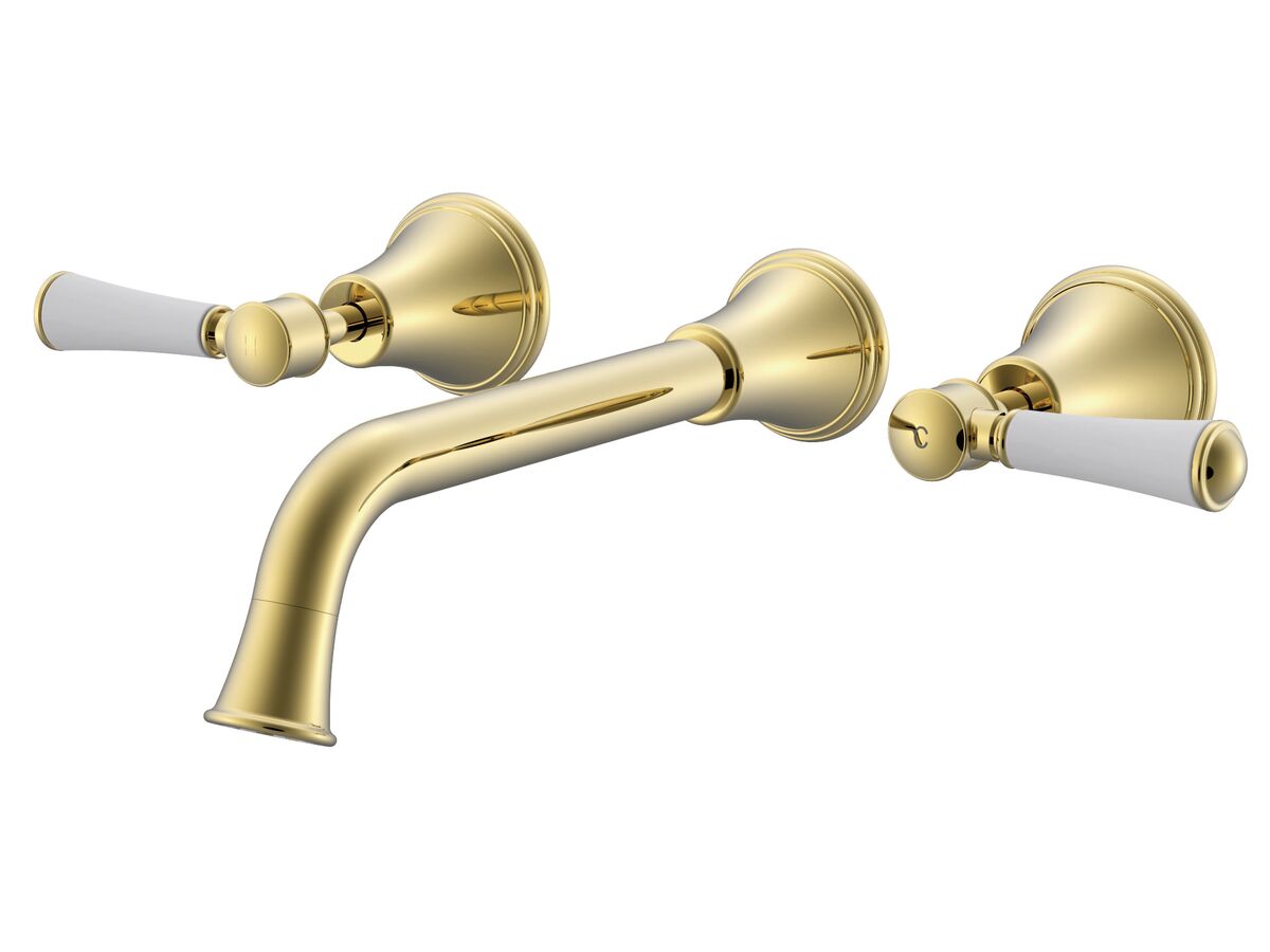 reece Posh Canterbury Wall Basin Set 220mm Lever Porcelain Handles Polished Brass Gold (4 Star) Lead Free