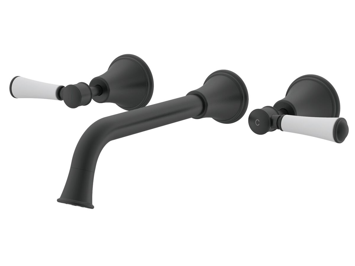 reece Posh Canterbury Wall Basin Set 220mm Lever Porcelain Handles Matte Black (4 Star) Lead Free