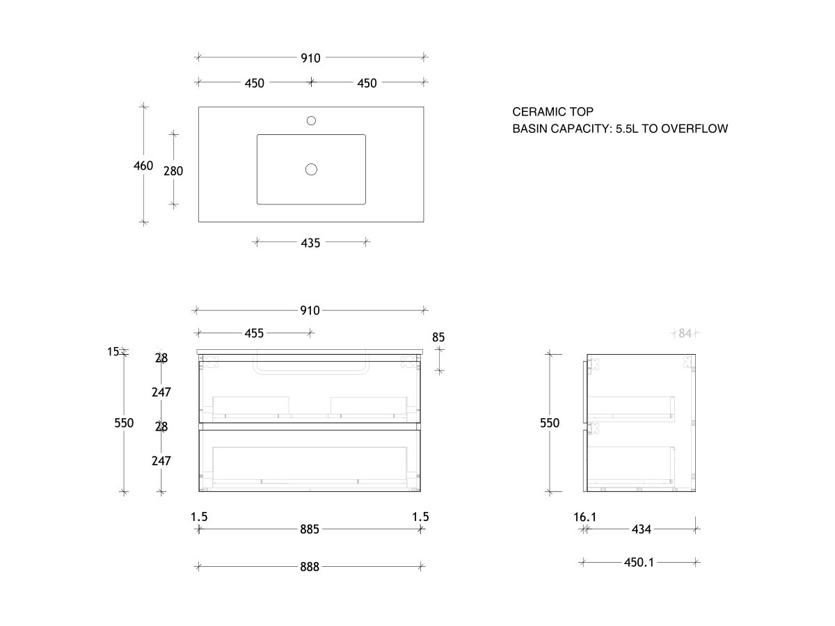 Reece Posh Domaine All Drawer Twin 900mm Wall Hung Vanity Centre Basin Ceramic Top