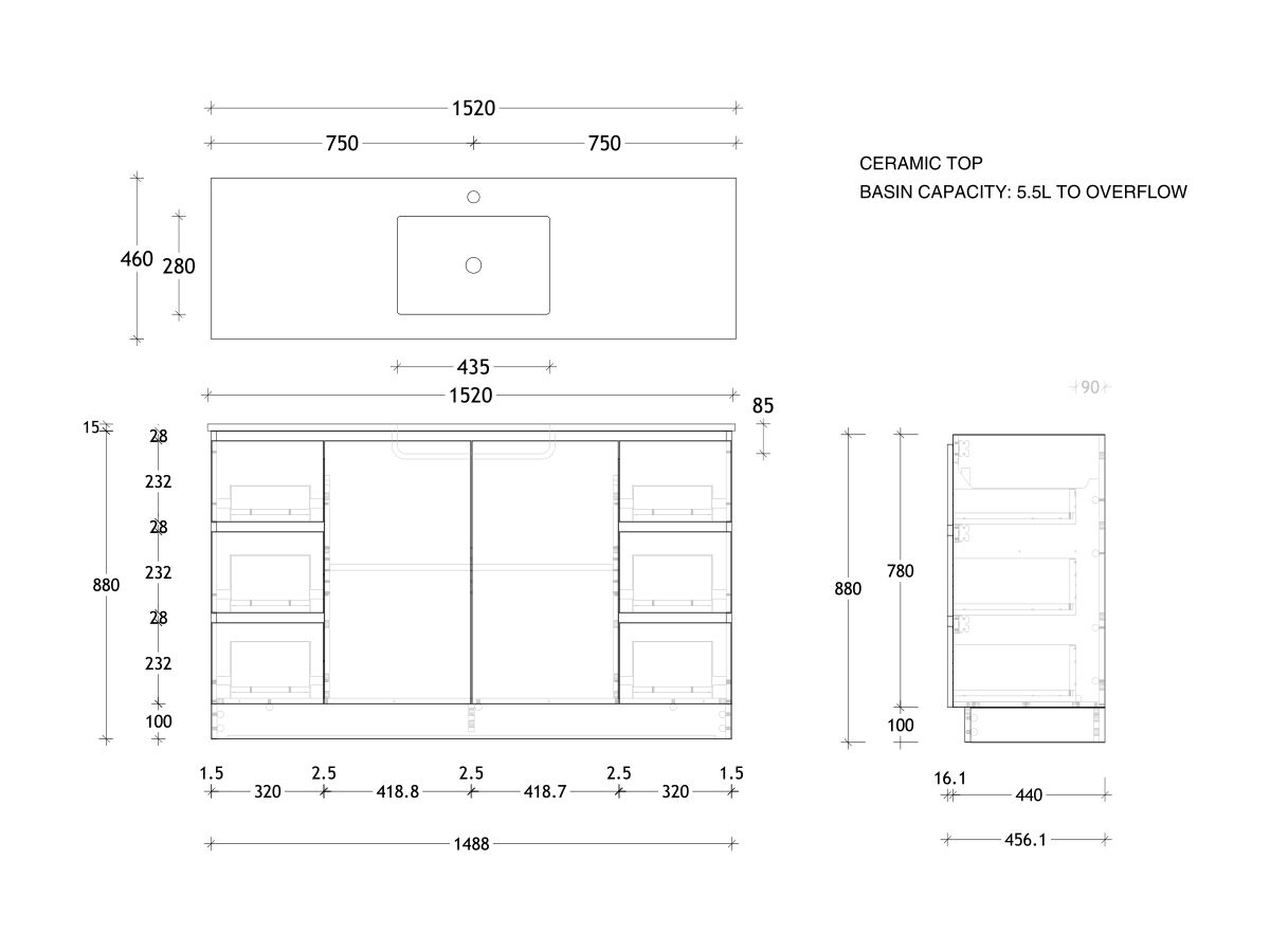 Reece Posh Domaine Conventional 1500mm Floor Mounted Vanity Centre Basin Ceramic Top