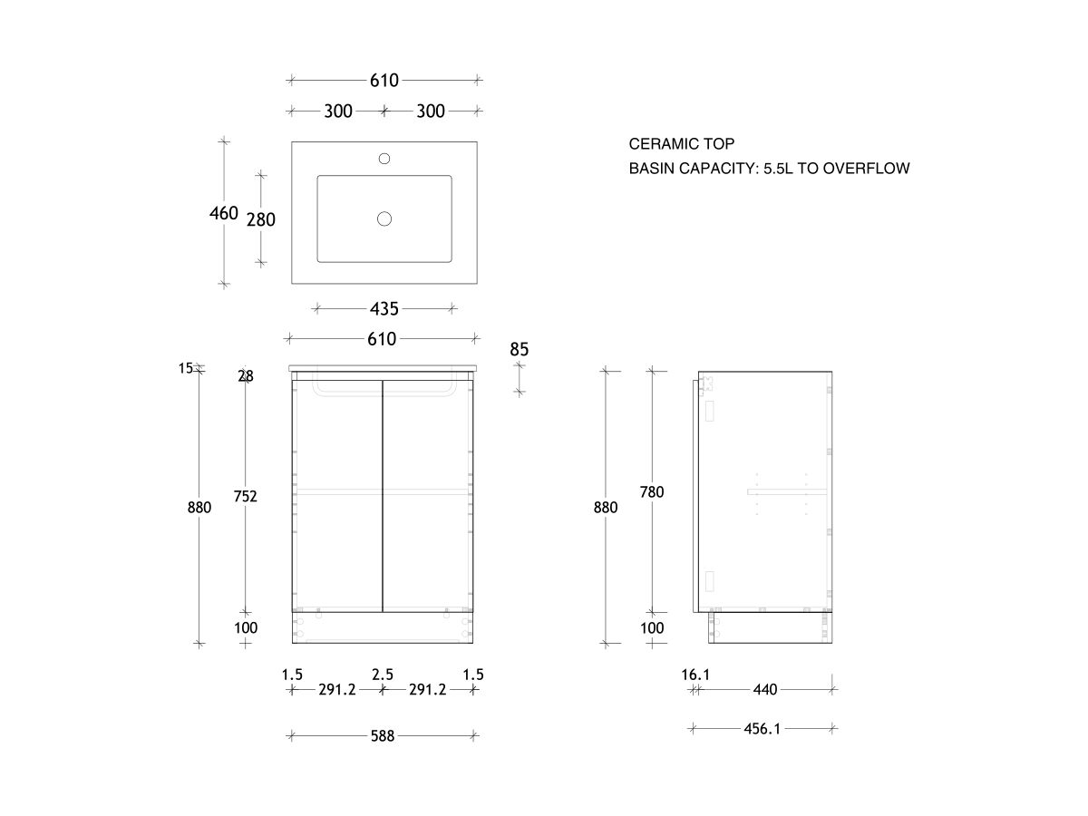 Reece Posh Domaine Conventional 600mm Floor Mounted Vanity Centre Basin Ceramic Top