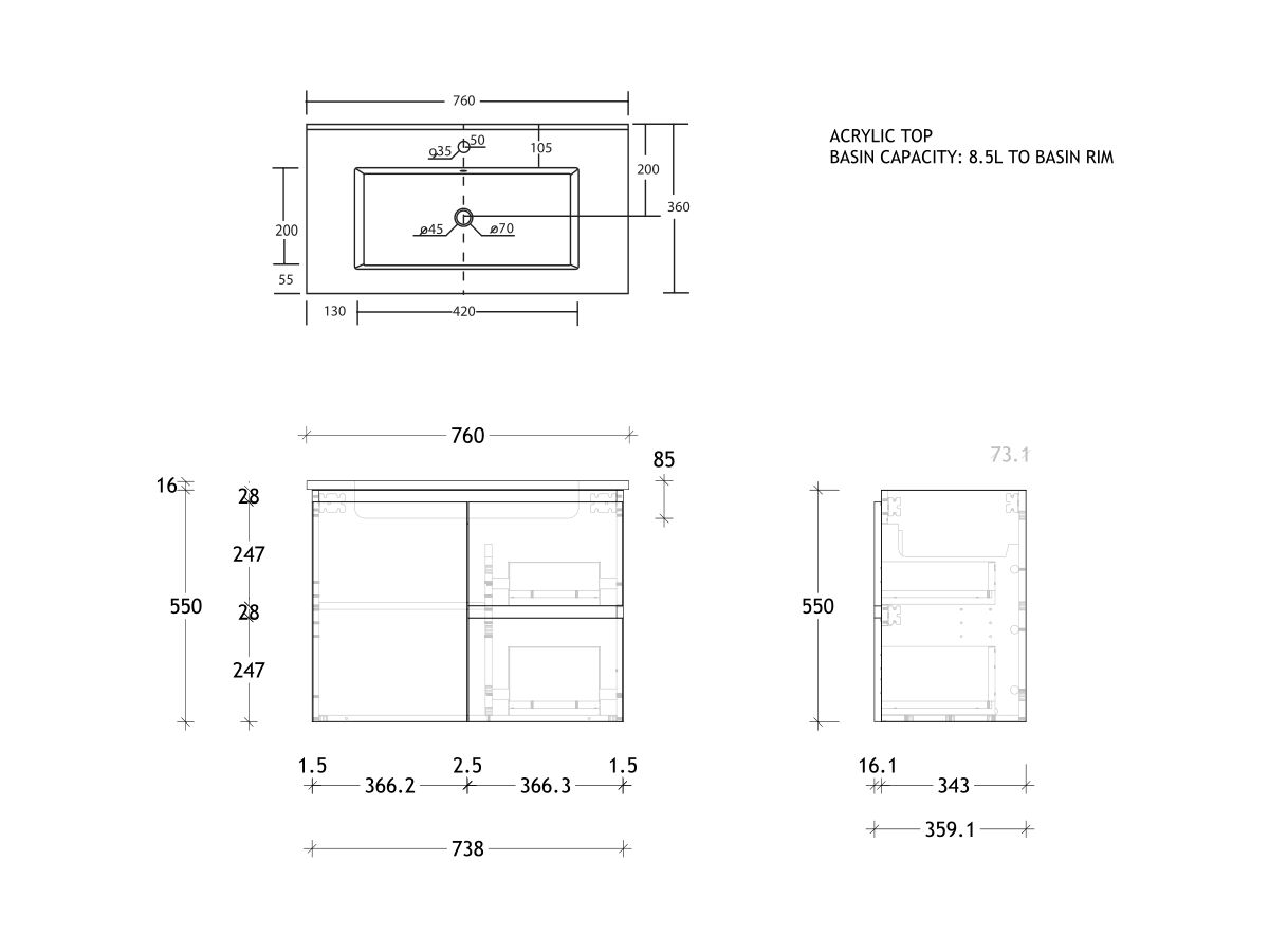 Reece Posh Domaine Ensuite 750mm Wall Hung Vanity Centre Basin Ceramic Top