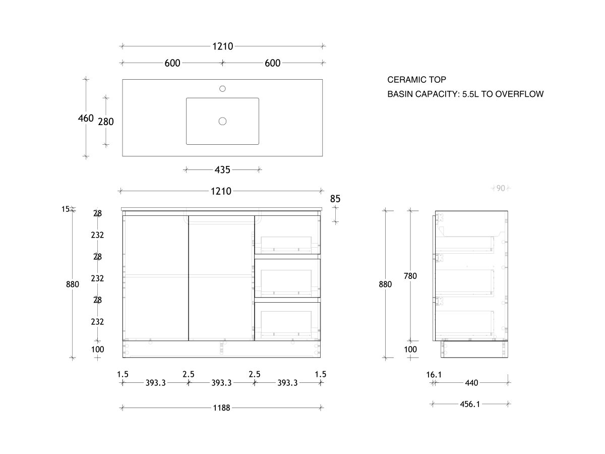 Reece Posh Domaine Plus Conventional 1200mm Floor Mounted Vanity Centre Basin Ceramic Top