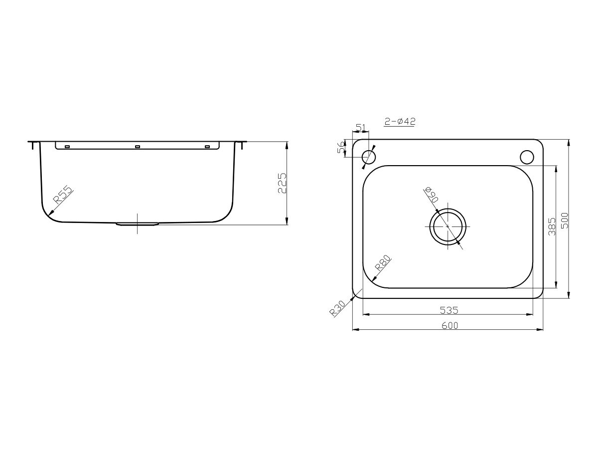 Reece Posh Domaine Trough 45L With Bypass 2 Taphole Stainless Steel