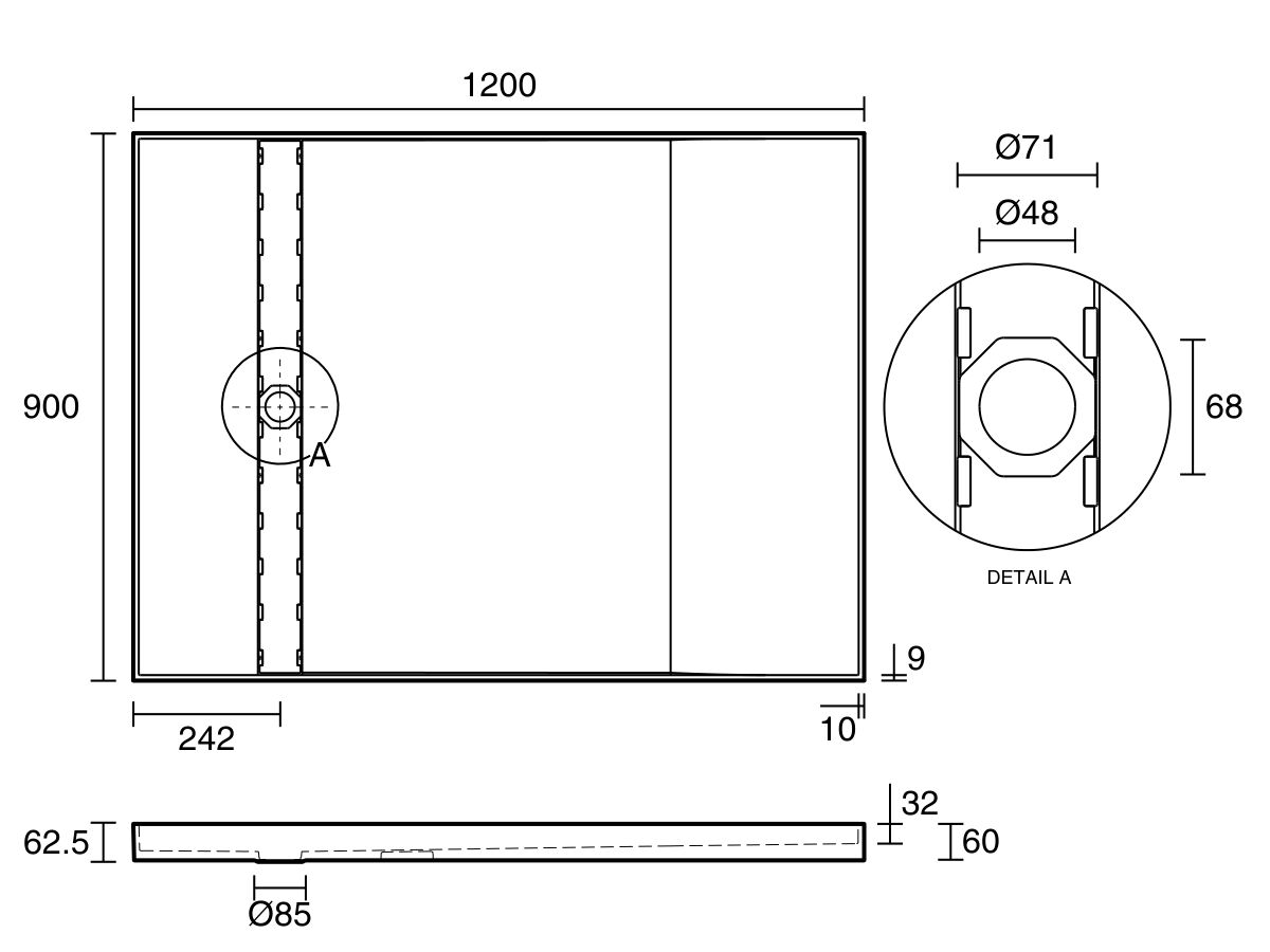 Reece Posh Solus Tile Over Shower Tray With Rear Channel Base Only 900mm X 1200mm