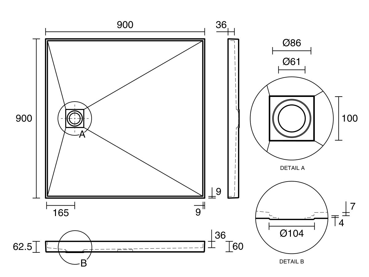 Reece Posh Solus Tile Over Shower Tray With Rear Waste Base Only 900mm X 900mm
