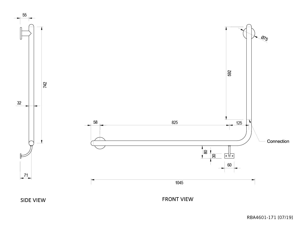 Reece Raffaello 90 Degree Accessible Stainless Steel Grab Rail Left Hand 950mm X 700mm White