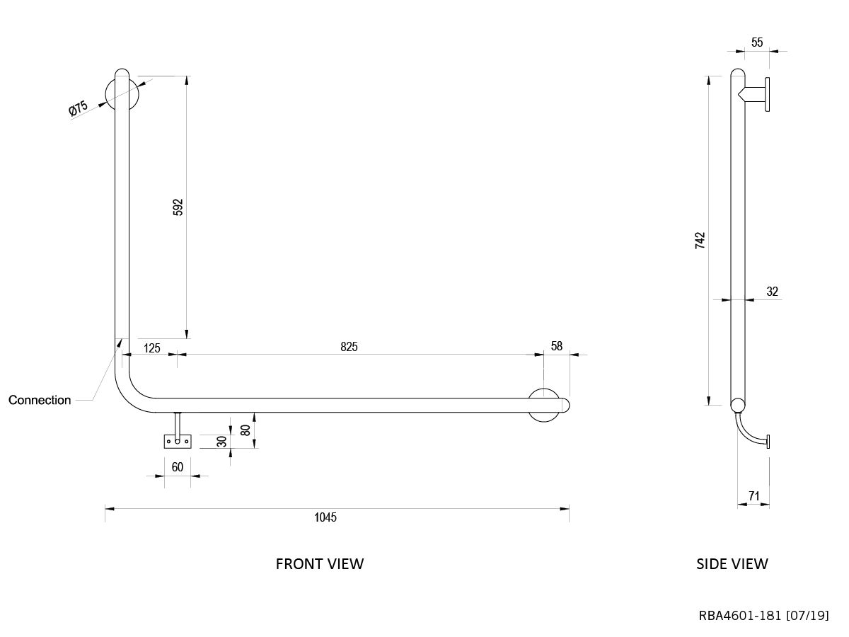 Reece Raffaello Accessible Stainless Steel Grab Rail 90 Degree Right Hand 950mm X 700mm White