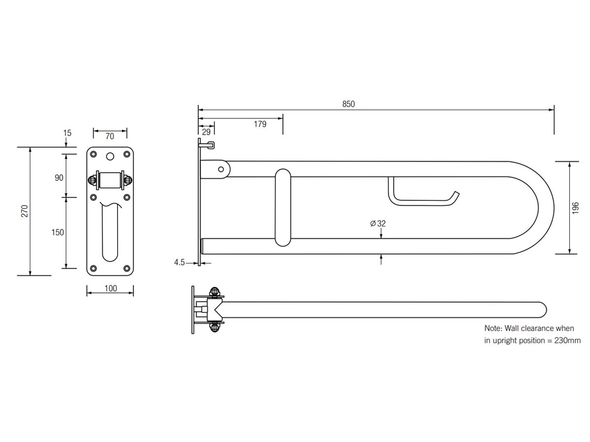 Reece RBA Drop Down Grab Rail With Toilet Roll Holder 850mm Stainless Steel