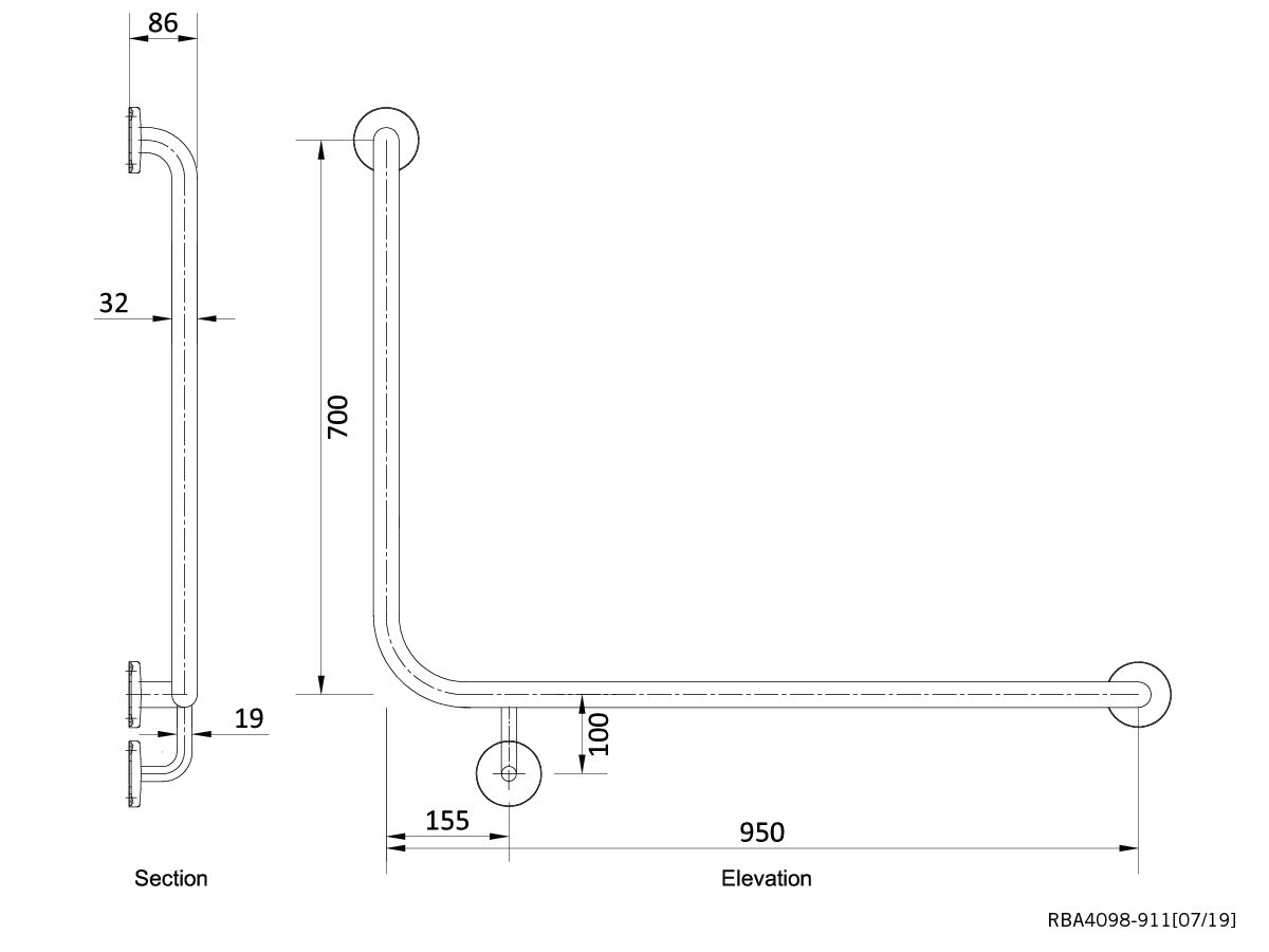 Reece RBA Grab Rail 90 Degree 950 X 700 High Right Hand Stainless Steel Polished
