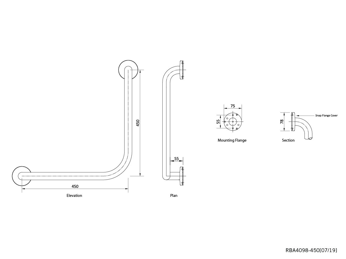 Reece RBA Grab Rail Ambulant 90 Degree Stainless Steel Polished