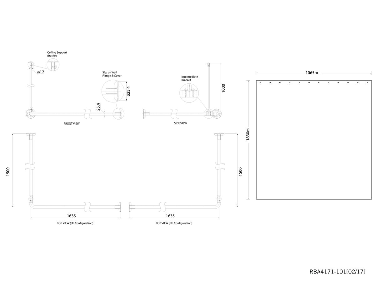Reece RBA Shower Curtain Rail 90 Degree With Curtain & Hooks 1635mm X 1500mm Stainless Steel