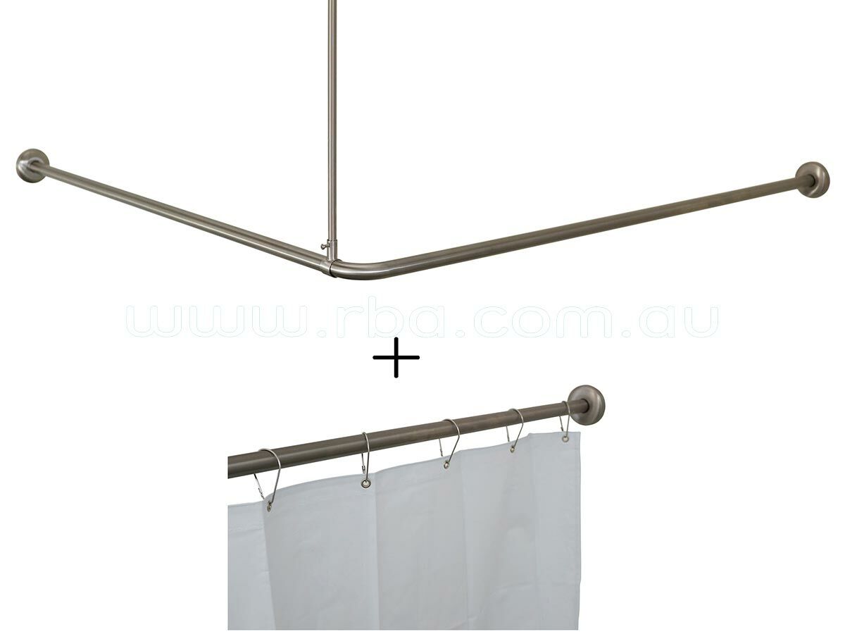 reece RBA Shower Curtain Rail 90 Degree with Curtain & Hooks 1635mm x 1500mm Stainless Steel