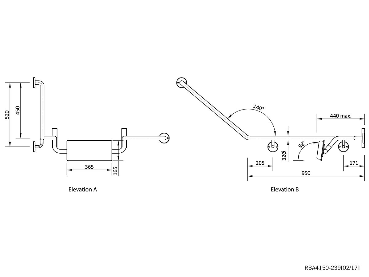 Reece RBA Wall Grab Rail Right Hand With Poly Backrest 40 Degrees Stainless Steel