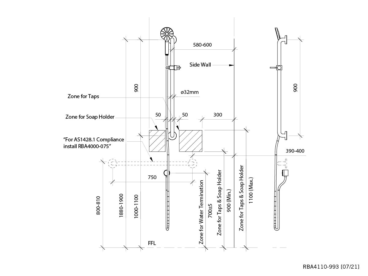 Reece 900 G/Rail Shwr H/Set Hose & Slider (4 Star)