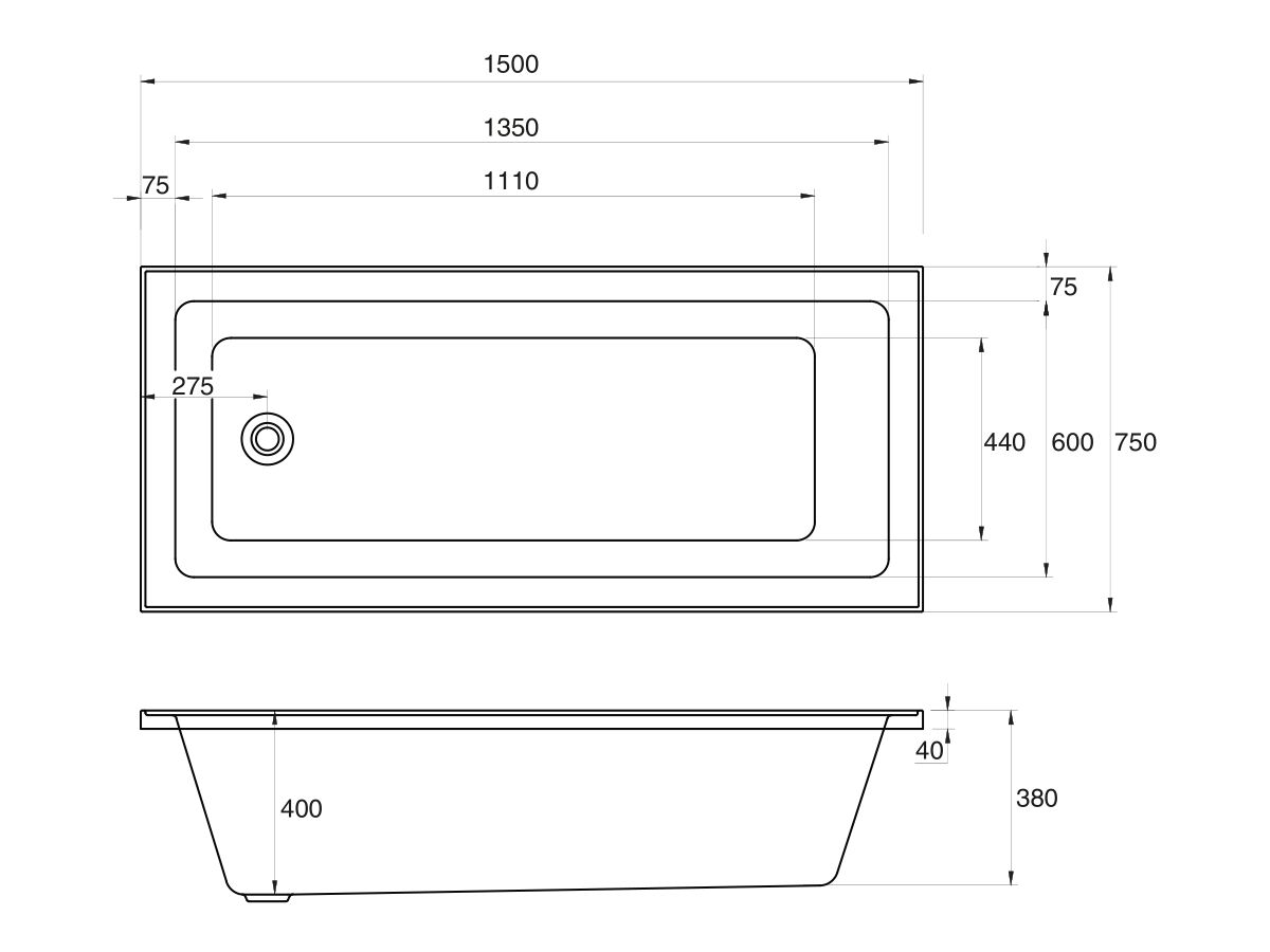 Reece Base Acrylic Bath 1500 X 750 X 400mm White