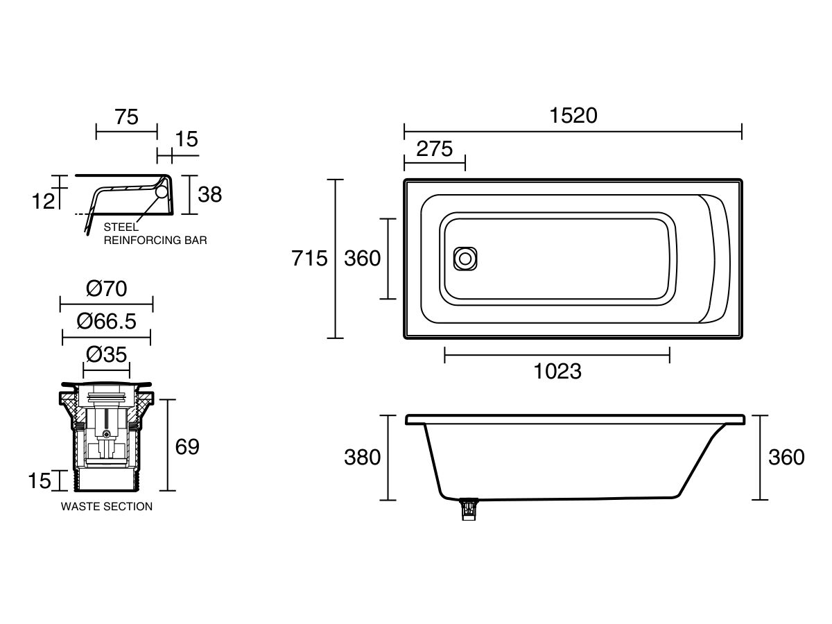 Reece Base Acrylic Bath 1520 X 715 X 380mm White