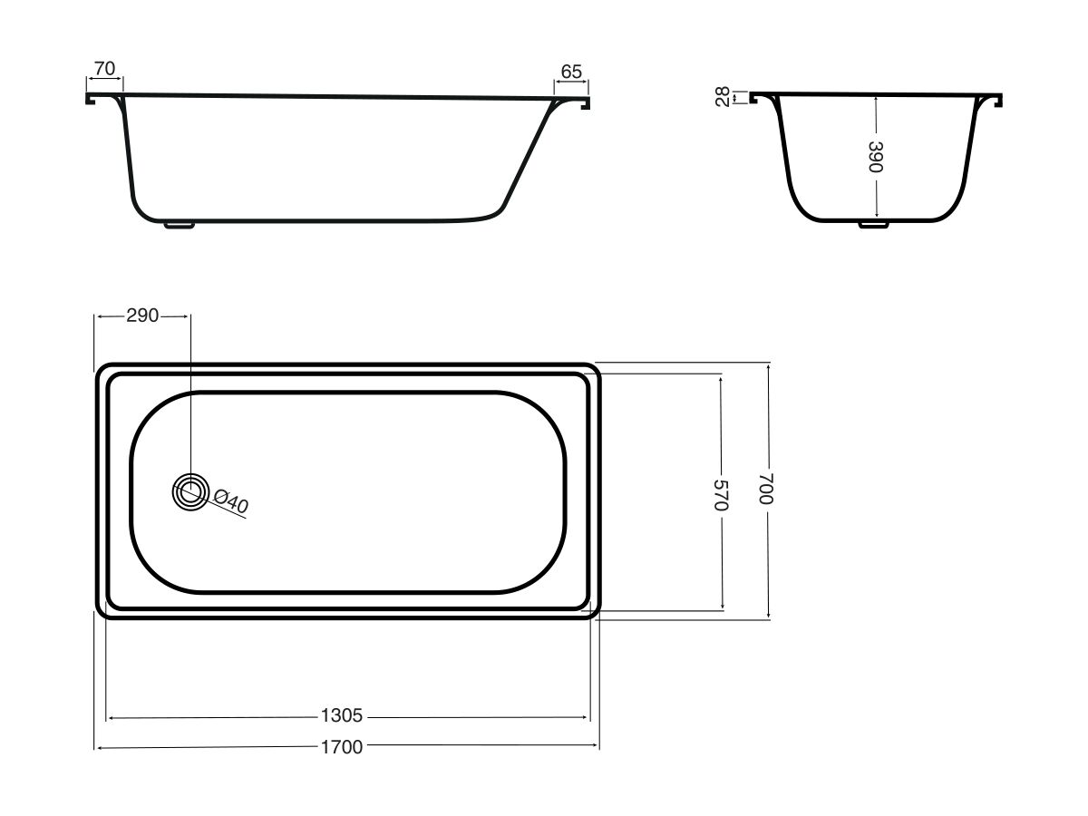 Reece Base Pressed Steel Bath 1700 X 700mm White