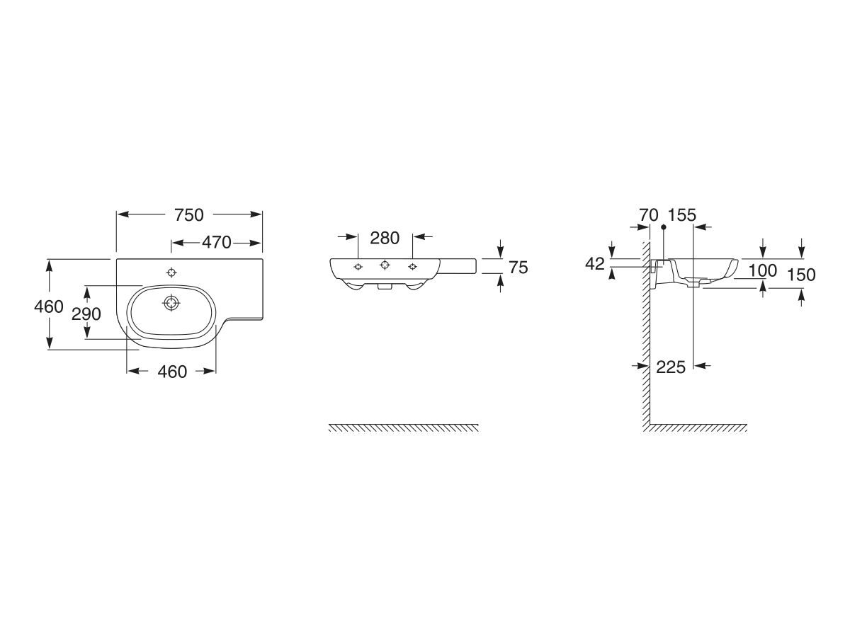 Reece Roca Meridian Wall Basin & Fixing Kit Left Hand Bowl With Overflow 750mm 1 Taphole White