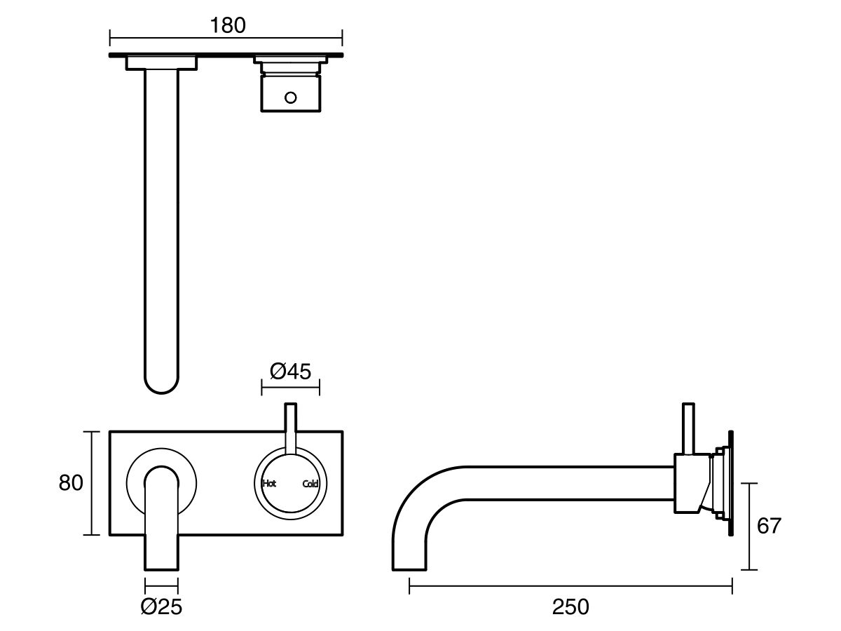 Reece Sussex Scala 25mm Curved Wall Basin Mixer Tap System Right Hand Mixer Tap 250mm Outlet LUX PVD Brushed Platinum Gold (6 Star)
