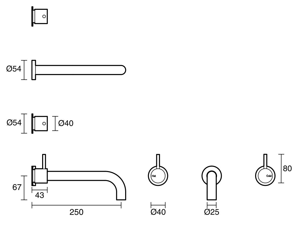 Reece Sussex Scala 25mm Wall Basin Set Curved 250mm Chrome (3 Star)