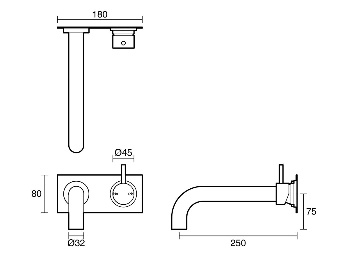 Reece Sussex Scala 32mm Curved Wall Basin Mixer Tap System Right Hand Mixer Tap 250mm Outlet LUX PVD Brushed Platinum Gold (6 Star)