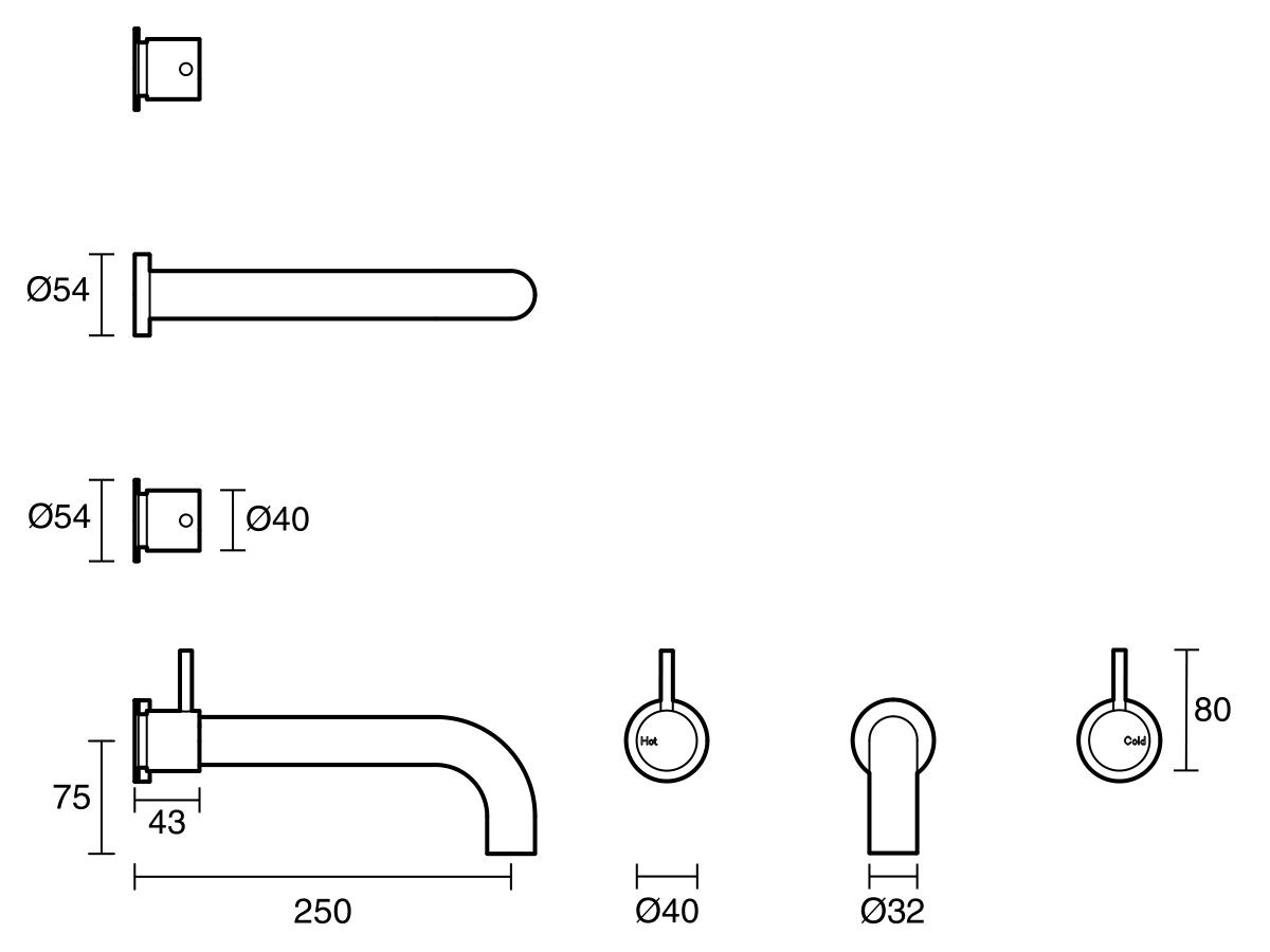 Reece Sussex Scala 32mm Wall Basin Set Curved 250mm Chrome (6 Star)