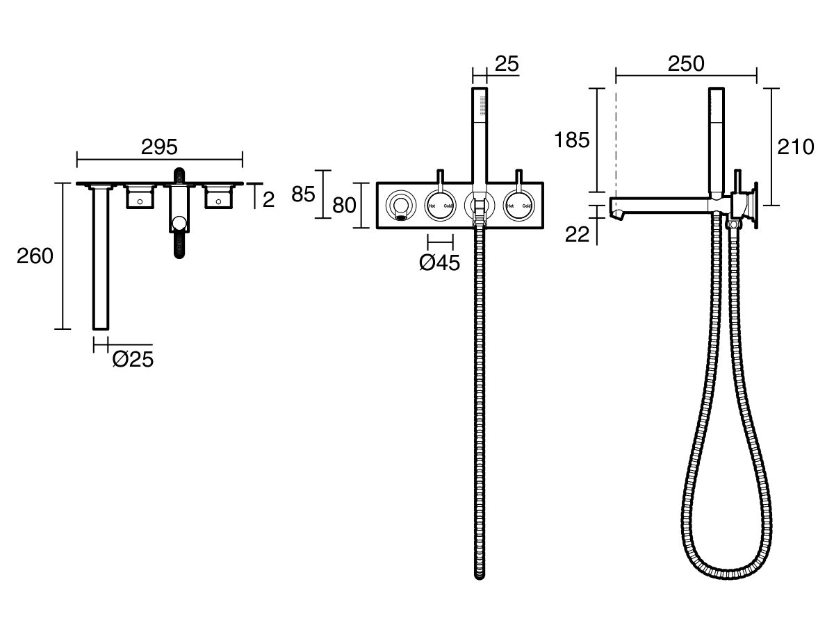 Reece Sussex Scala Bath Mixer Tap System Straight 250mm Outlet Right Hand Operation With Handshower Chrome (3 Star)