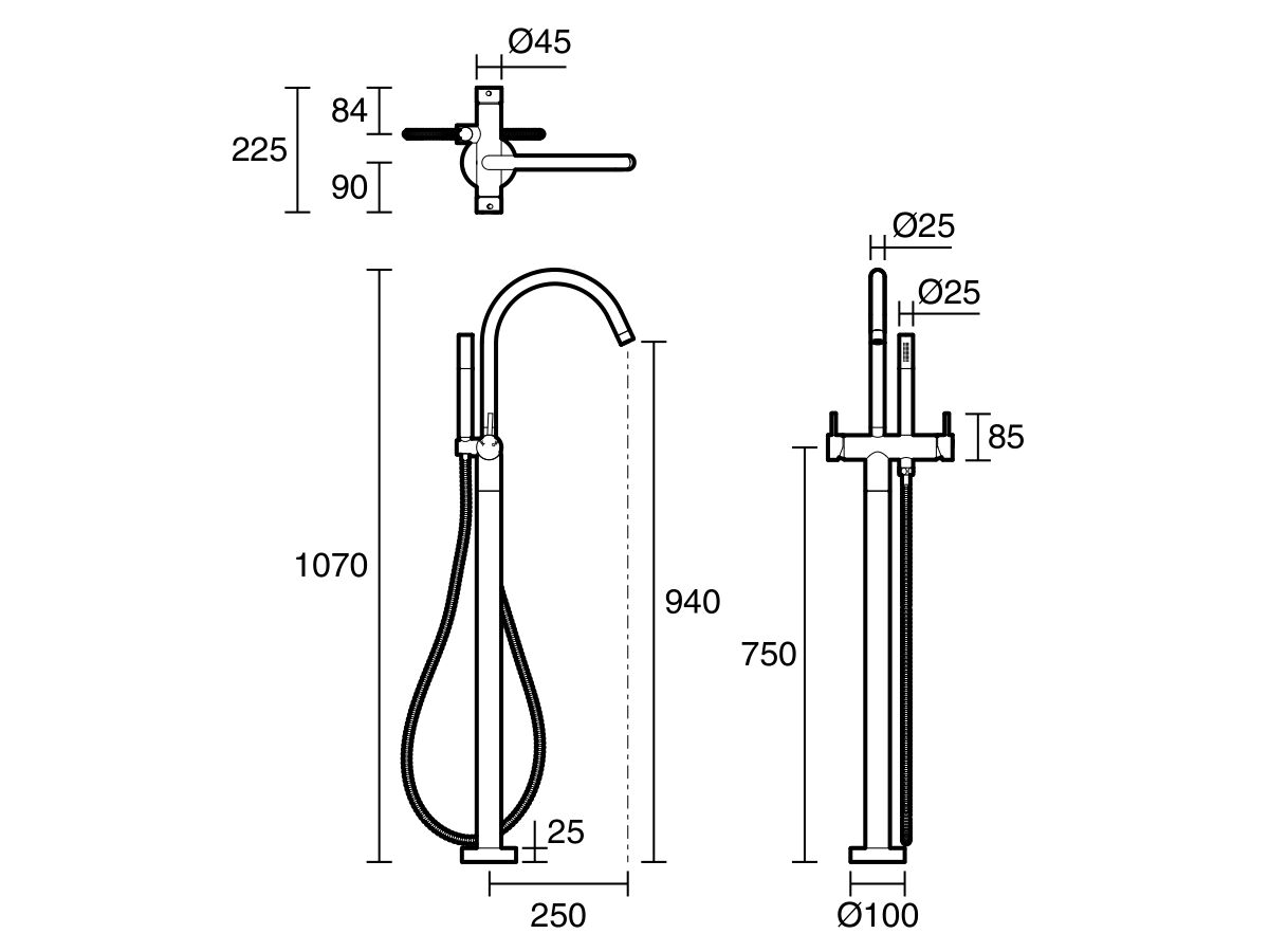 Reece Sussex Scala Floor Mounted Bath Mixer Tap Curved Outlet With Handshower Trimset LUX PVD Brushed Pure Gold (3 Star)