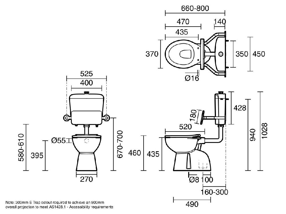 Reece Wolfen Care Plastic Link Toilet Suite Concealed S Trap Pan With Chrome Raised Button Blue Single Flap Seat & Back Rest (4 Star)