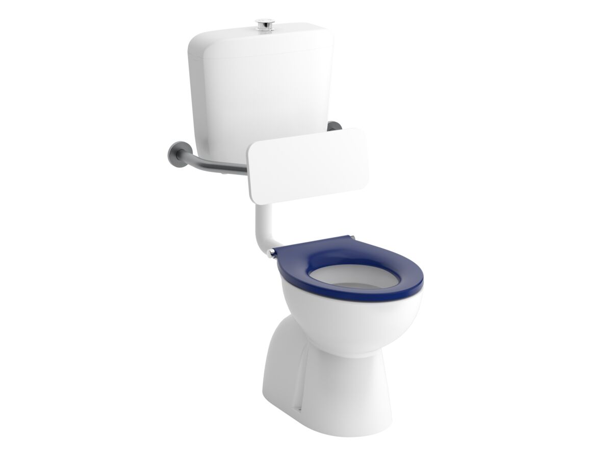 reece Wolfen Care Plastic Link Toilet Suite Concealed S Trap Pan with Chrome Raised Button Blue Single Flap Seat & Back Rest (4 Star)