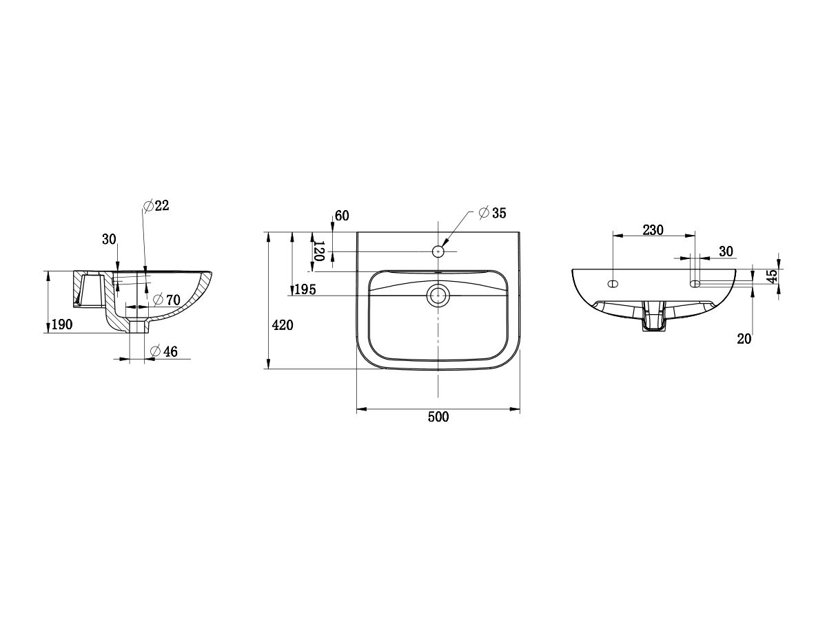 Reece Wolfen Wall Basin 500 X 420 X 190mm With Overflow & Fixings 1 Taphole White